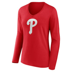 Philadelphia Phillies Women's Team Color Primary Logo V-Neck Long Sleeve T-Shirt - Red