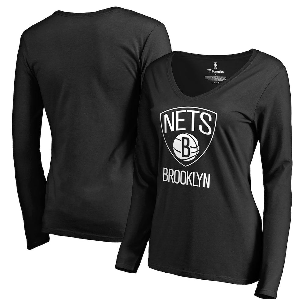Brooklyn Nets Women's Primary Logo V-Neck Long Sleeve T-Shirt - Black outlet