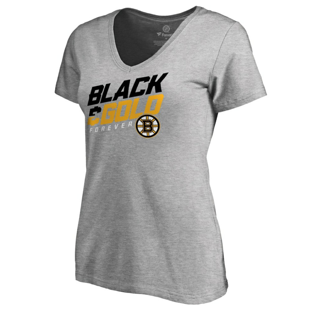 Boston Bruins Women's Hometown Collection Black & Gold V-Neck T-Shirt ash