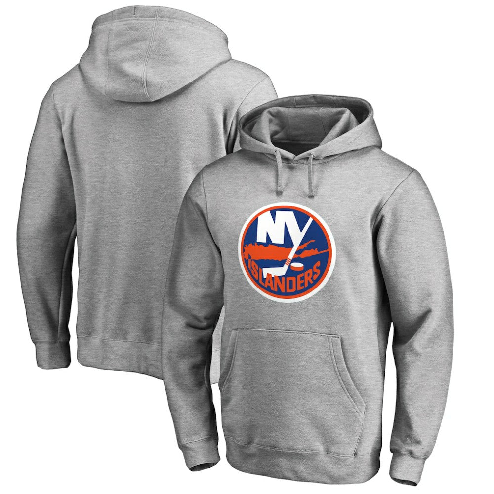 New York Islanders Primary Team Logo Fleece Fitted Pullover Hoodie Heather Gray