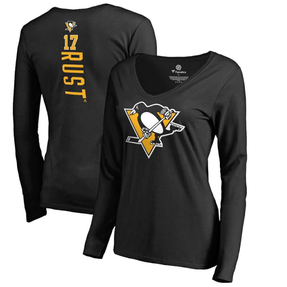 Bryan Rust Pittsburgh Penguins Women's Backer Name & Number Long Sleeve V-Neck T-Shirt Black