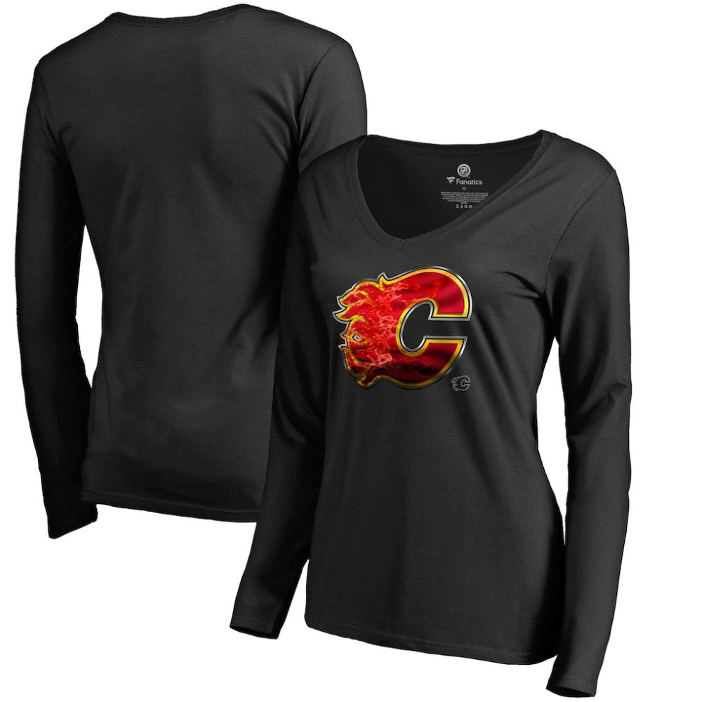 Calgary Flames Women's Midnight Mascot Long Sleeve V-Neck T-Shirt Black