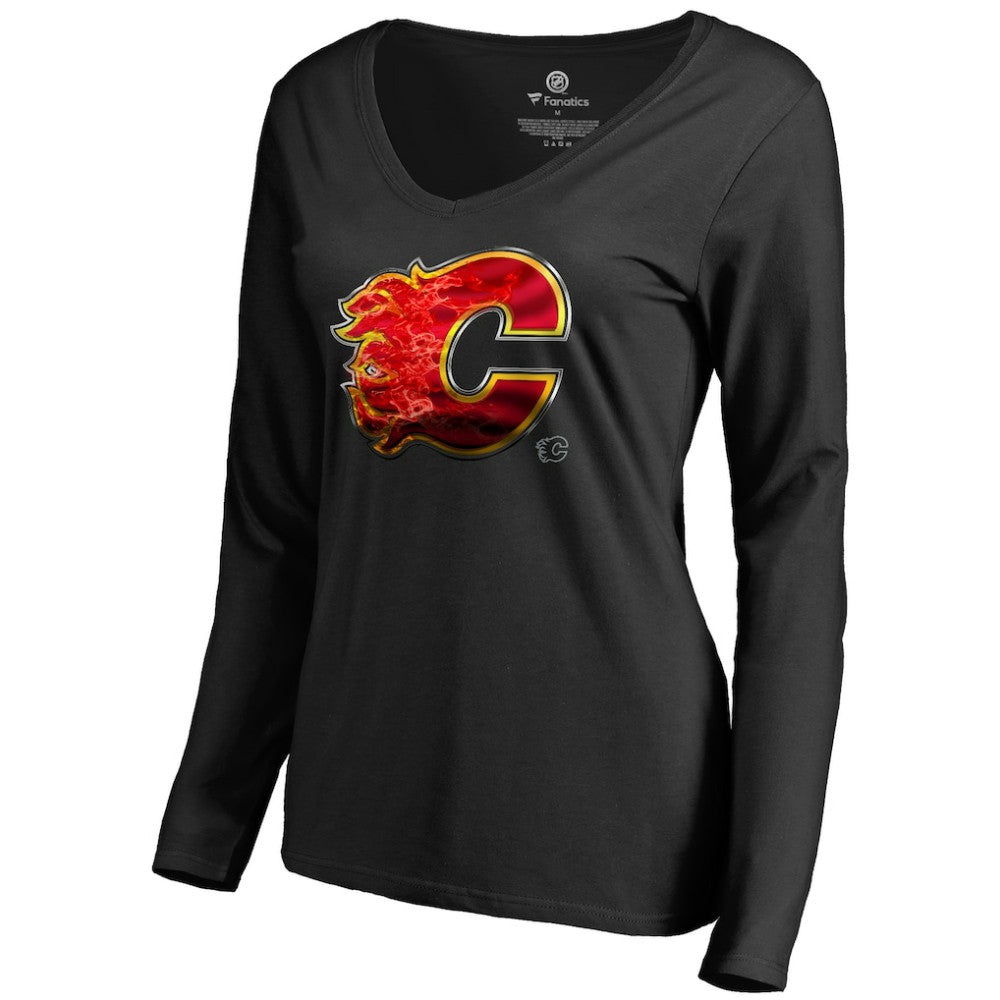 Calgary Flames Women's Midnight Mascot Long Sleeve V-Neck T-Shirt Black
