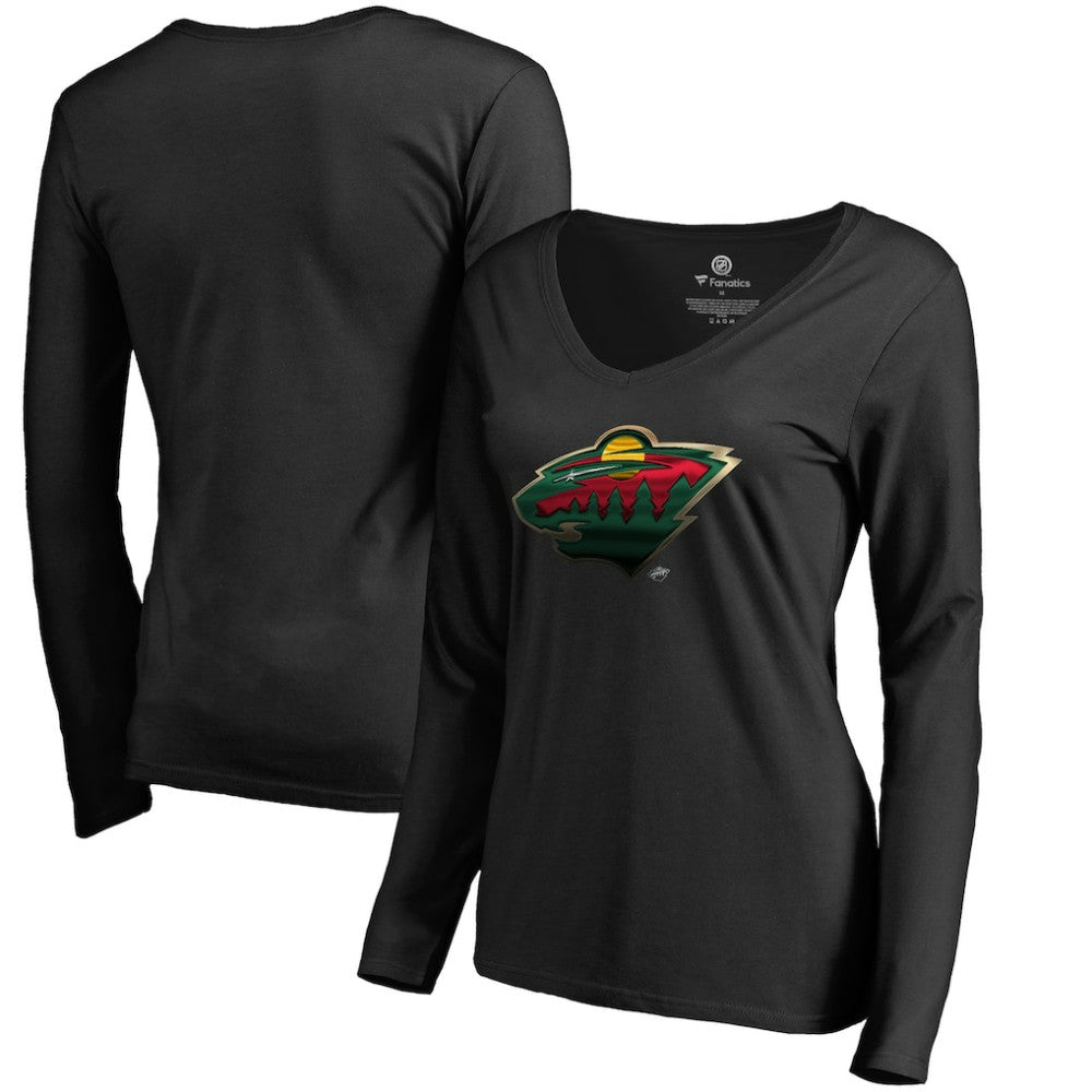 Minnesota Wild Women's Midnight Mascot Long Sleeve V-Neck T-Shirt Black