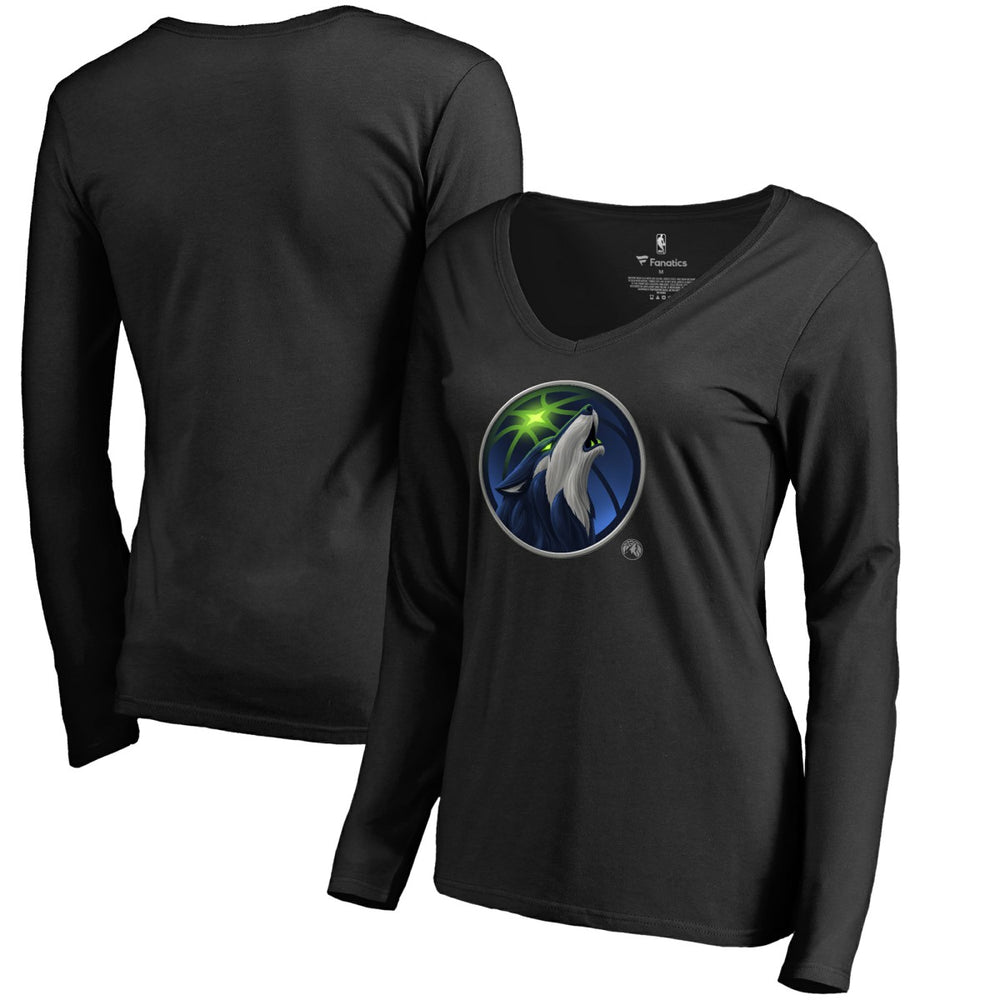 Minnesota Timberwolves Women's Midnight Mascot Long Sleeve V-Neck T-Shirt - Black outlet