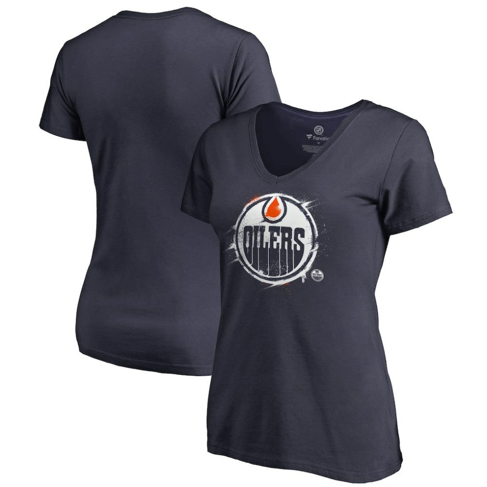 Edmonton Oilers Women's Splatter Logo V-Neck T-Shirt Navy