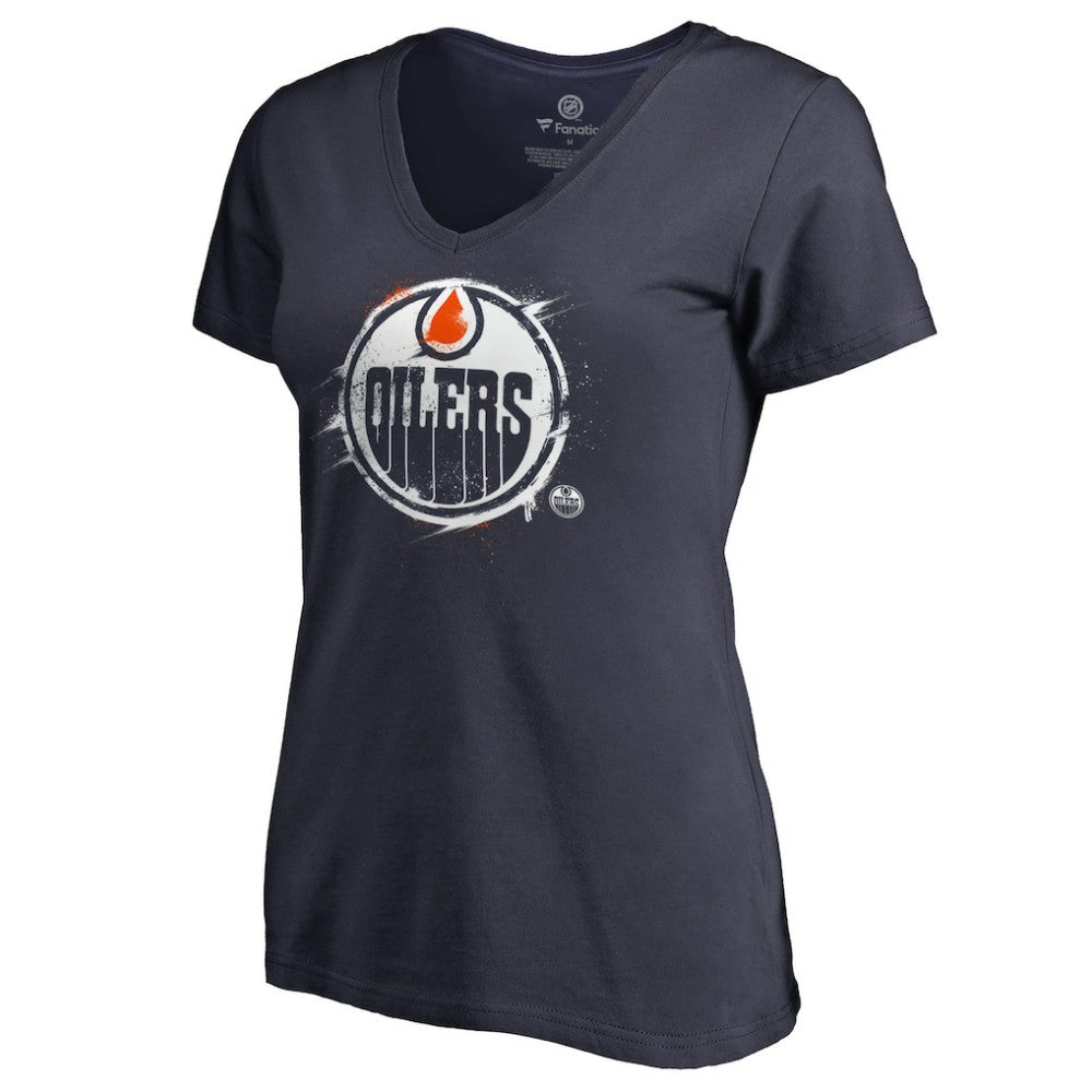 Edmonton Oilers Women's Splatter Logo V-Neck T-Shirt Navy