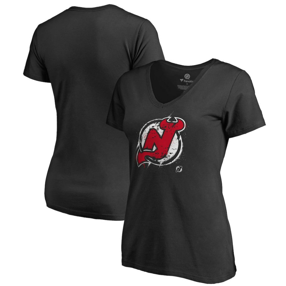 New Jersey Devils Women's Splatter Logo V-Neck T-Shirt Black