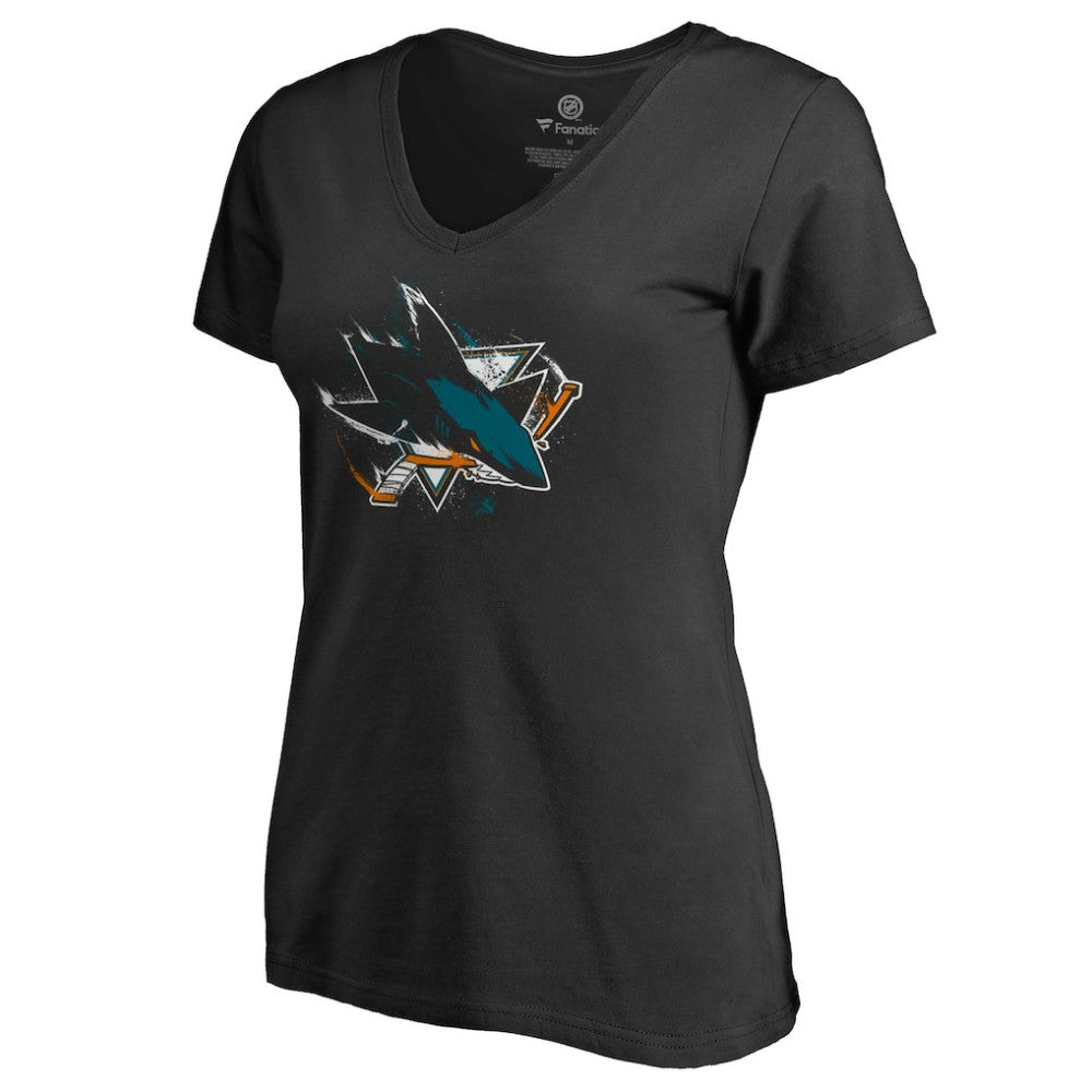 San Jose Sharks Women's Splatter Logo V-Neck T-Shirt Black