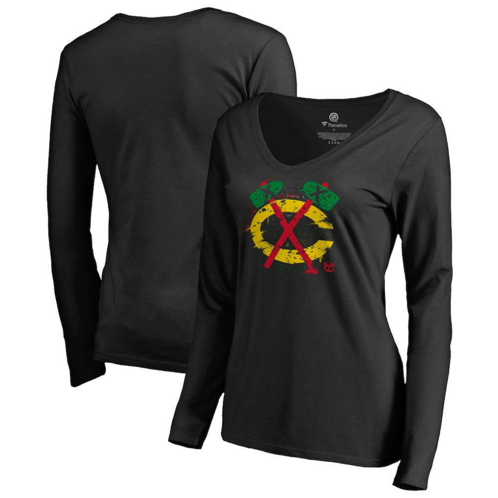 Chicago Blackhawks Women's Splatter Logo V-Neck Long Sleeve T-Shirt Black