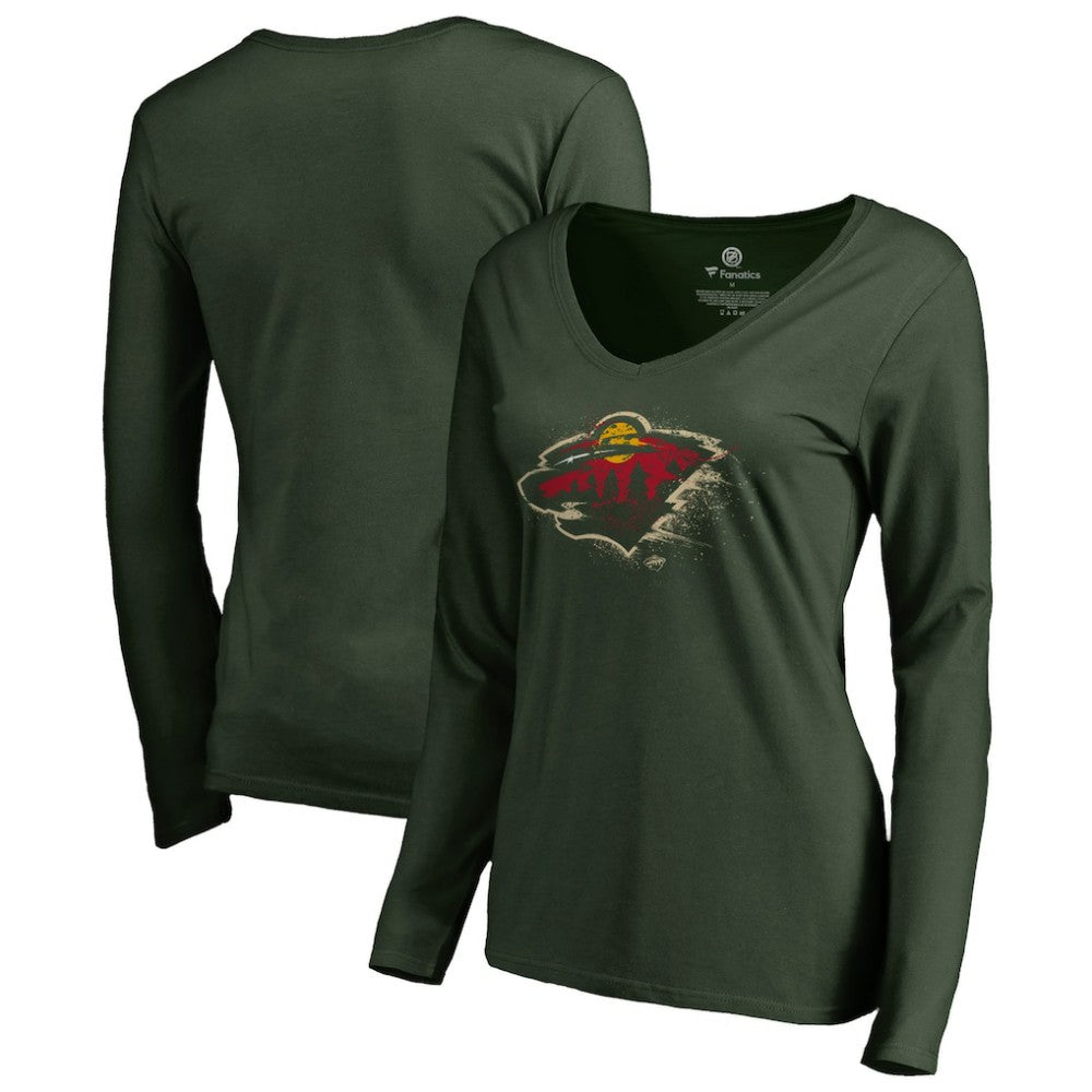 Minnesota Wild Women's Splatter Logo V-Neck Long Sleeve T-Shirt Green