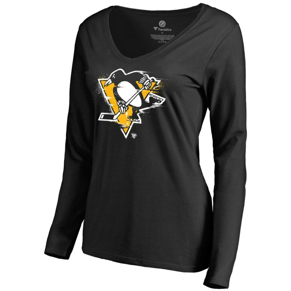 Pittsburgh Penguins Women's Splatter Logo V-Neck Long Sleeve T-Shirt Black