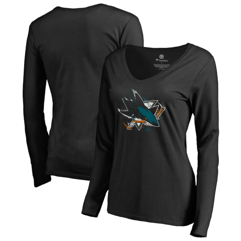 San Jose Sharks Women's Splatter Logo V-Neck Long Sleeve T-Shirt Black