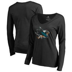 San Jose Sharks Women's Splatter Logo V-Neck Long Sleeve T-Shirt Black