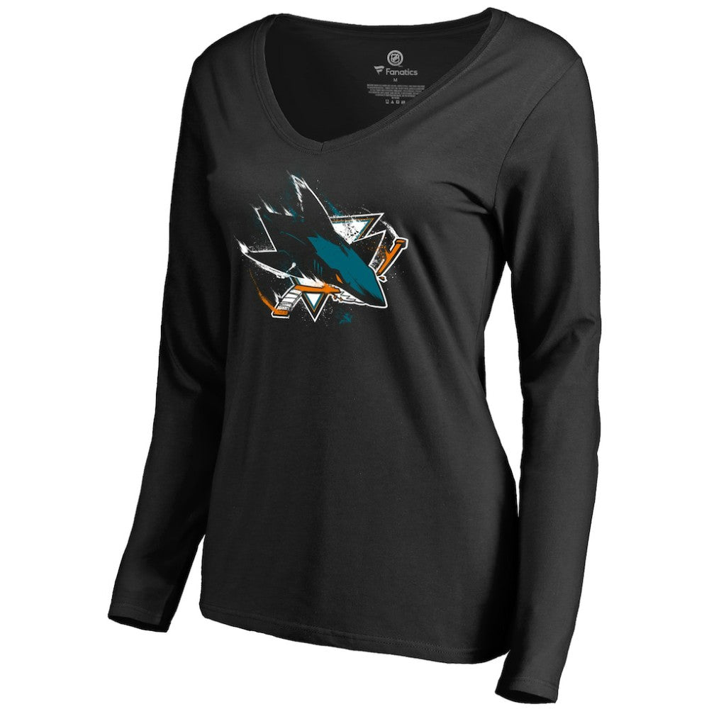 San Jose Sharks Women's Splatter Logo V-Neck Long Sleeve T-Shirt Black