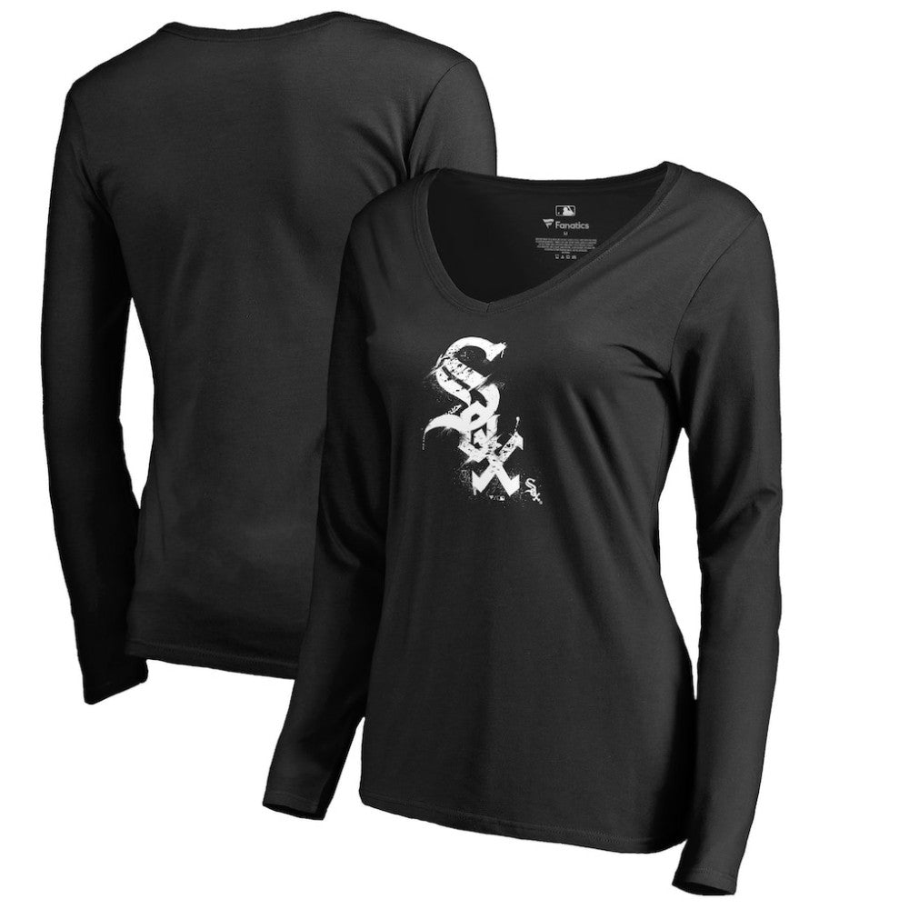 Chicago White Sox Women's Splatter Logo Long Sleeve V-Neck T-Shirt - Black