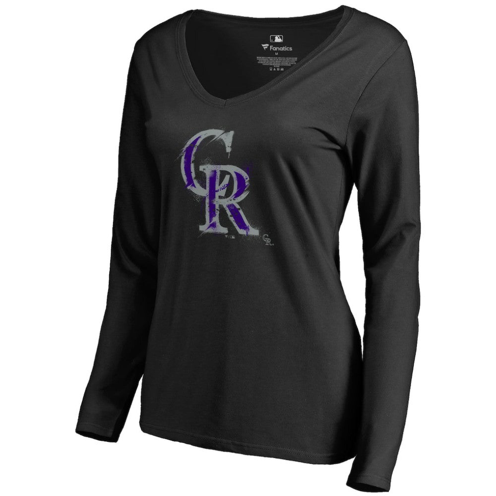 Colorado Rockies Women's Splatter Logo Long Sleeve V-Neck T-Shirt - Black