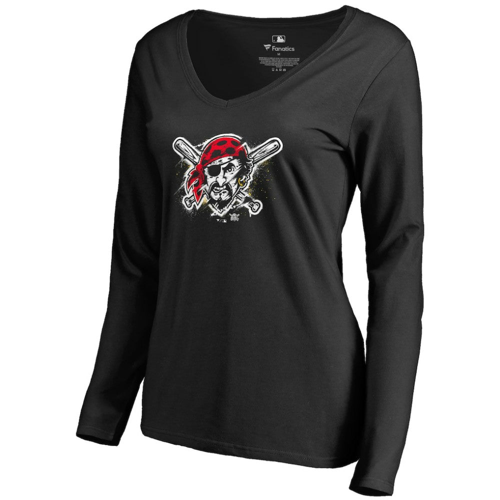 Pittsburgh Pirates Women's Splatter Logo Long Sleeve V-Neck T-Shirt - Black