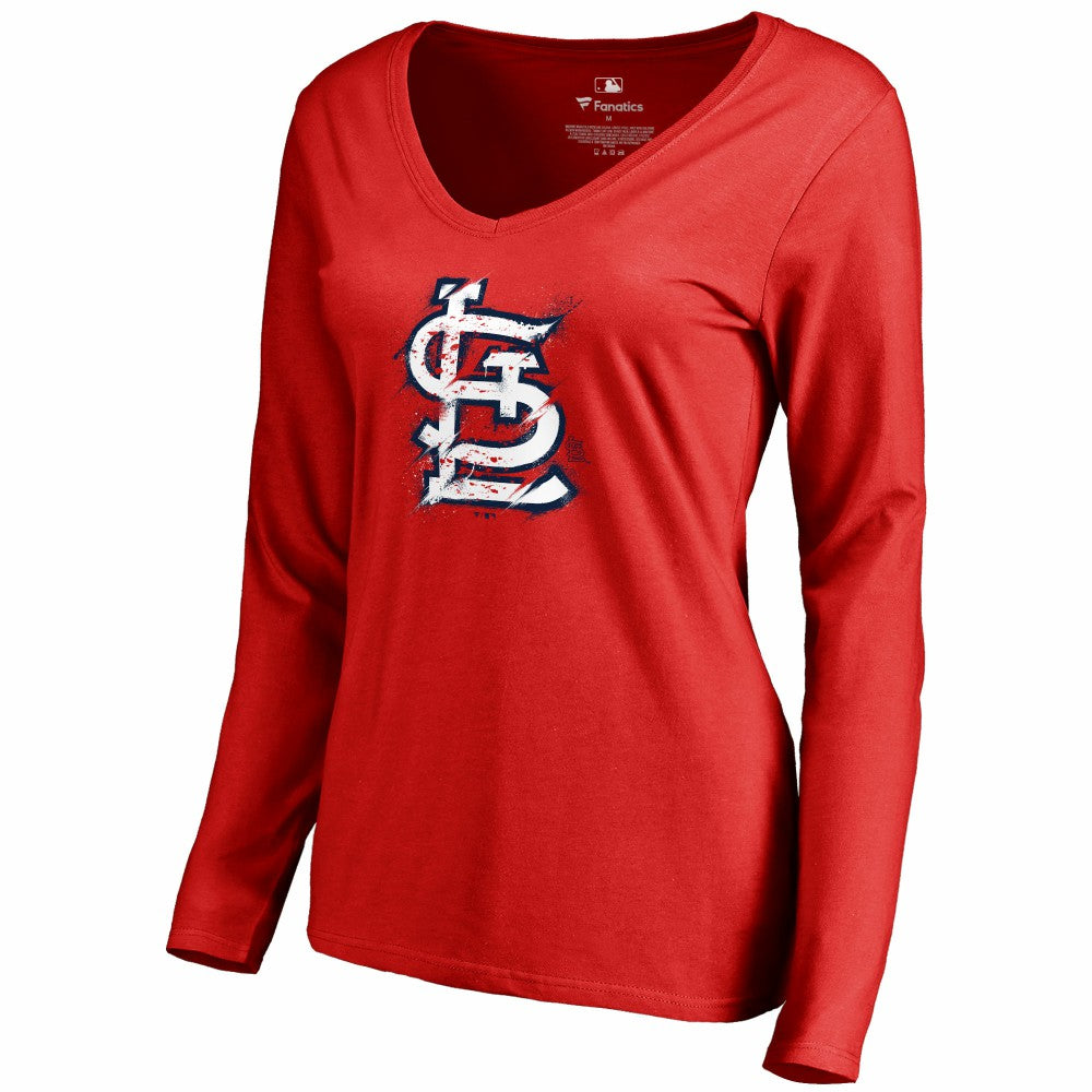 St. Louis Cardinals Women's Splatter Logo Long Sleeve V-Neck T-Shirt - Red