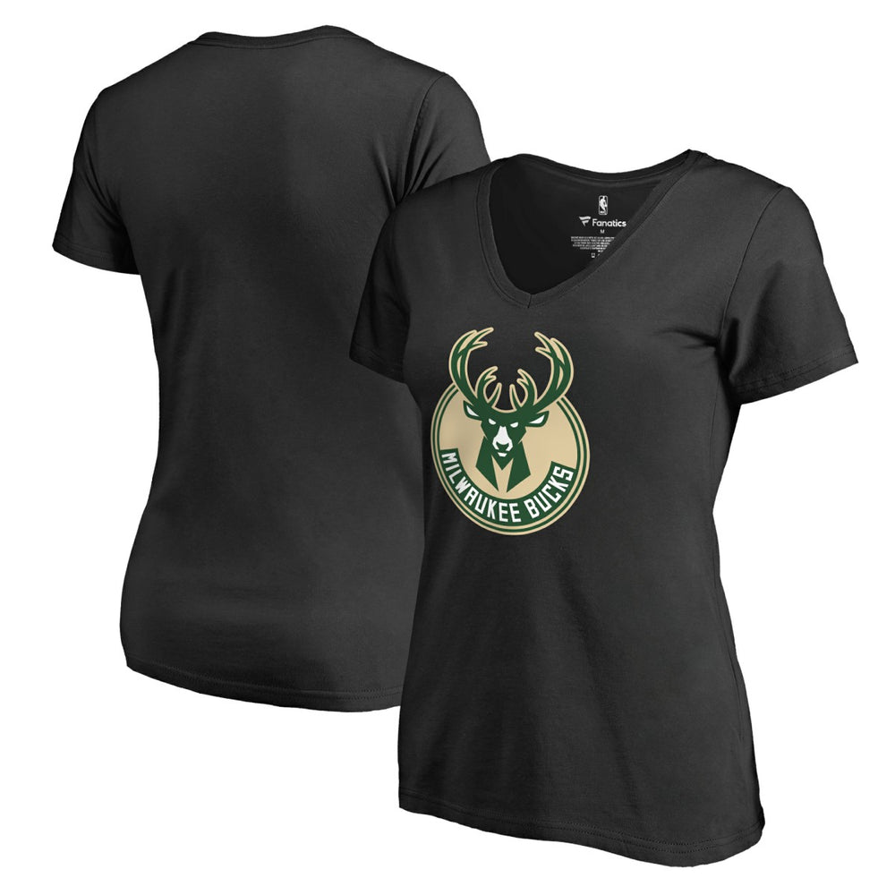 Milwaukee Bucks Women's Primary Logo V-Neck T-Shirt - Black discount