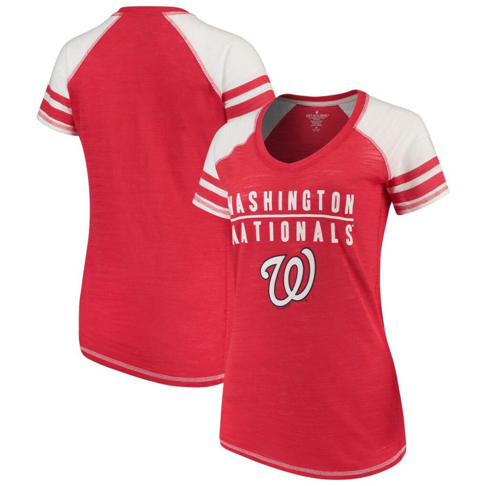 Washington Nationals Soft as a Grape Women's Color Block V-Neck T-Shirt - Red
