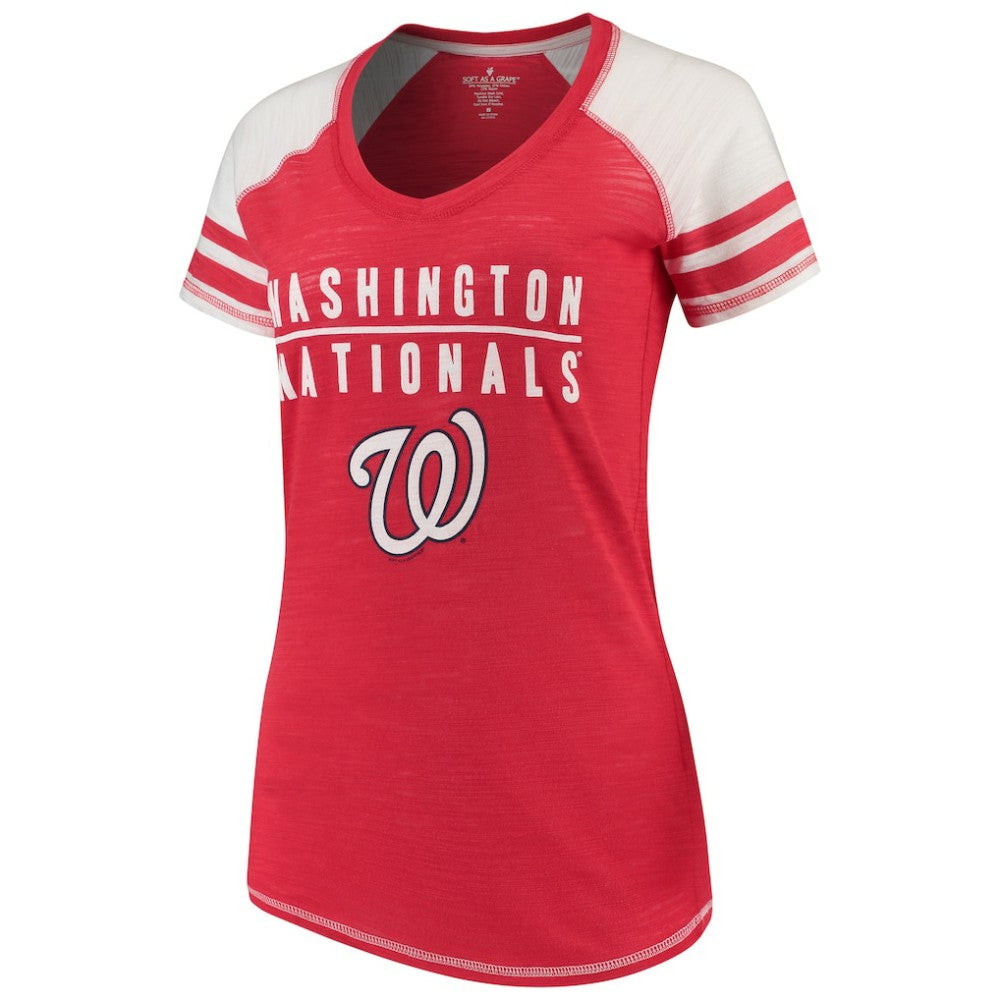 Washington Nationals Soft as a Grape Women's Color Block V-Neck T-Shirt - Red