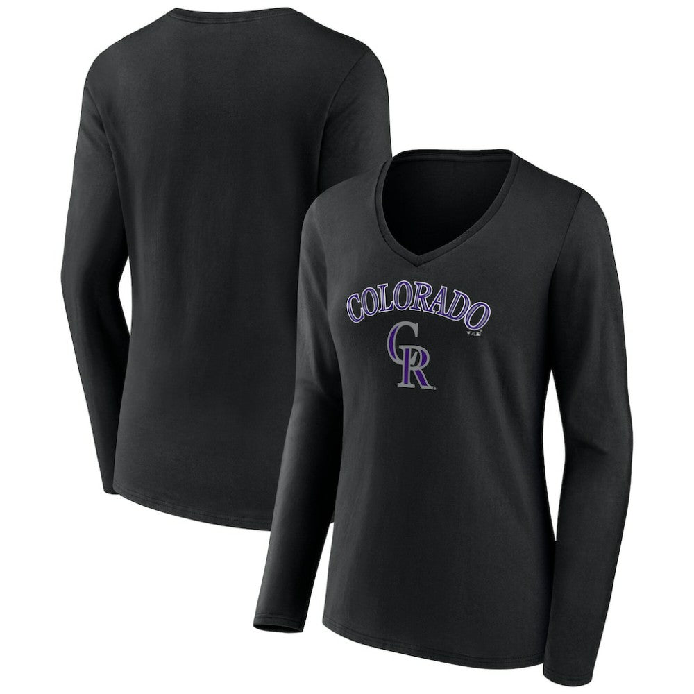 Colorado Rockies Women's Team Lockup Slim Fit Long Sleeve V-Neck T-Shirt - Black
