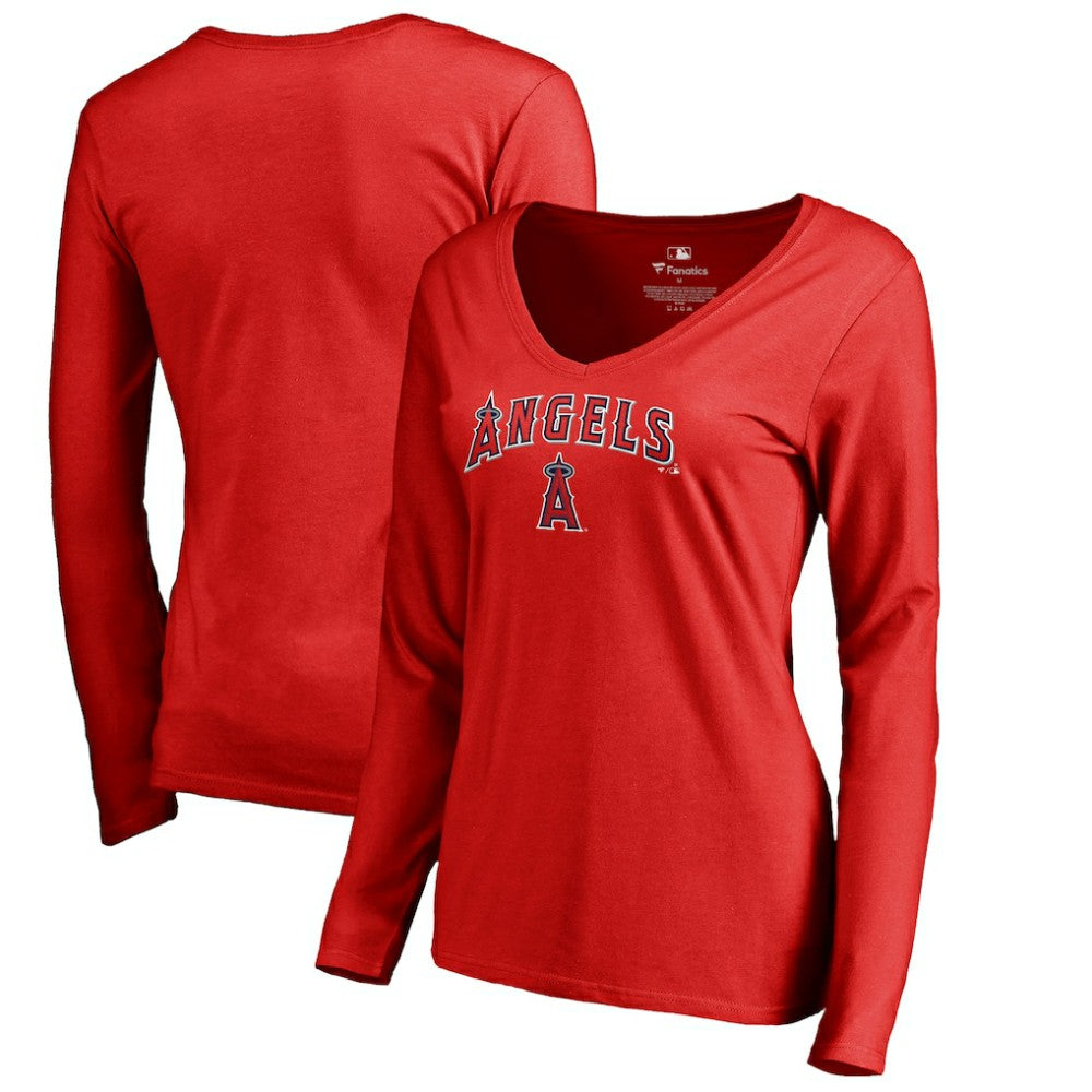 Los Angeles Angels Women's Team Lockup Slim Fit Long Sleeve V-Neck T-Shirt - Red