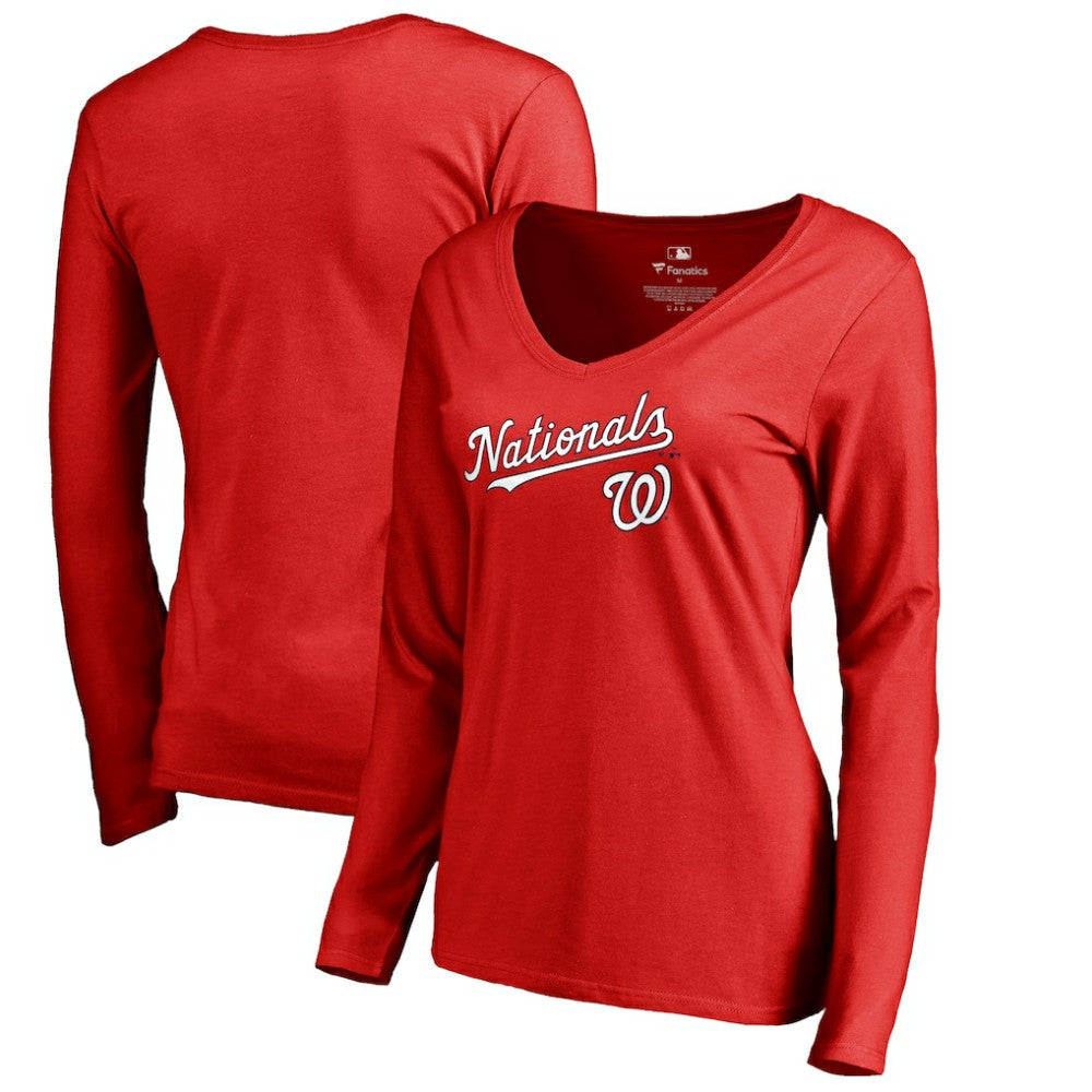 Washington Nationals Women's Team Lockup Slim Fit Long Sleeve V-Neck T-Shirt - Red