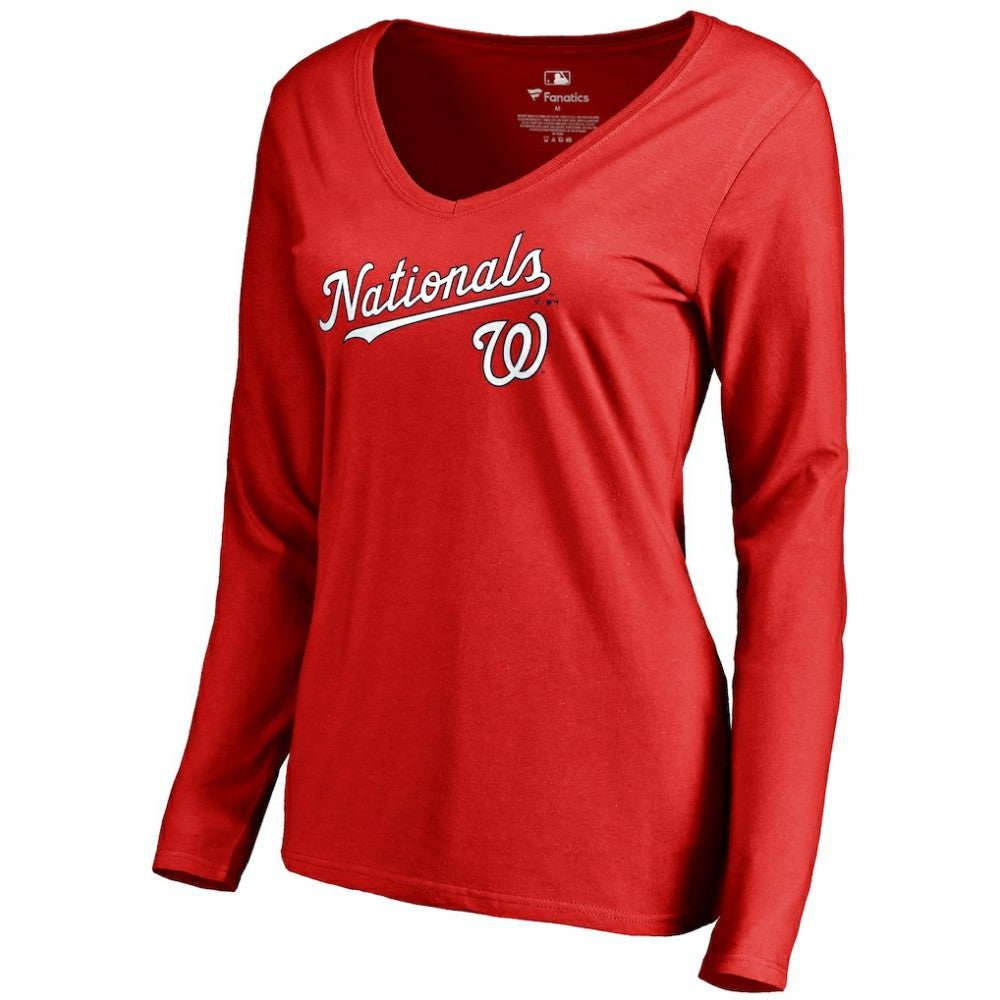 Washington Nationals Women's Team Lockup Slim Fit Long Sleeve V-Neck T-Shirt - Red
