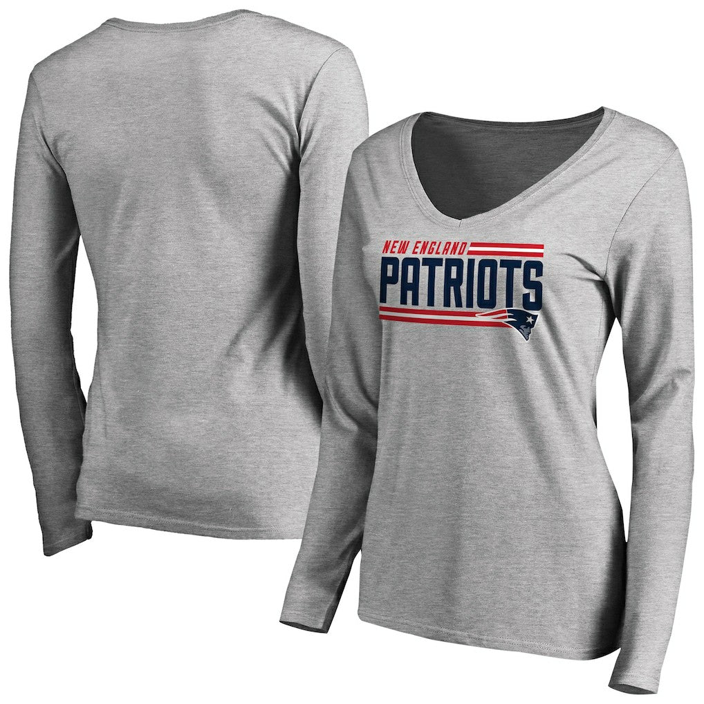 New England Patriots Women's Iconic Collection On Side Stripe Long Sleeve V-Neck T-Shirt - Ash for sale