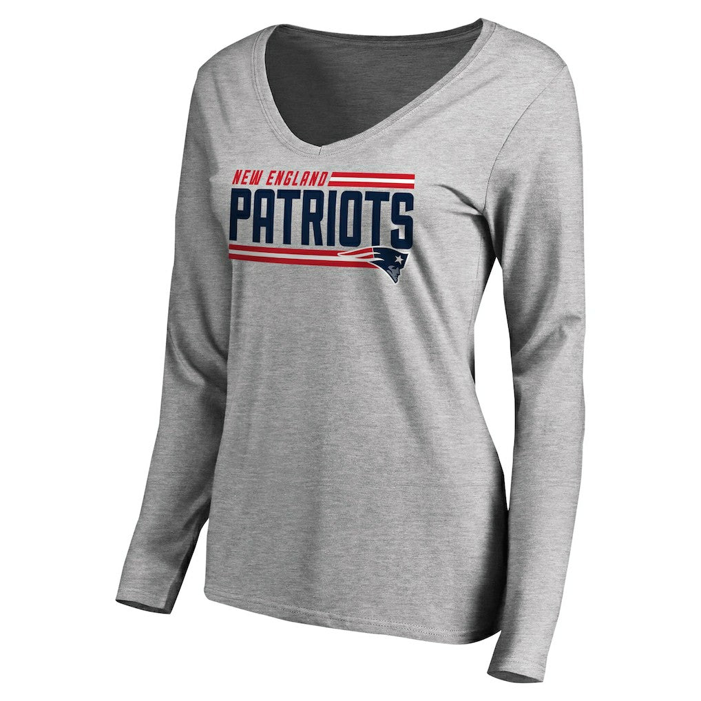 New England Patriots Women's Iconic Collection On Side Stripe Long Sleeve V-Neck T-Shirt - Ash for sale