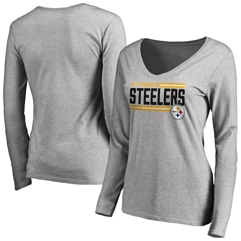 Pittsburgh Steelers Women's Iconic Collection On Side Stripe Long Sleeve V-Neck T-Shirt - Ash outlet