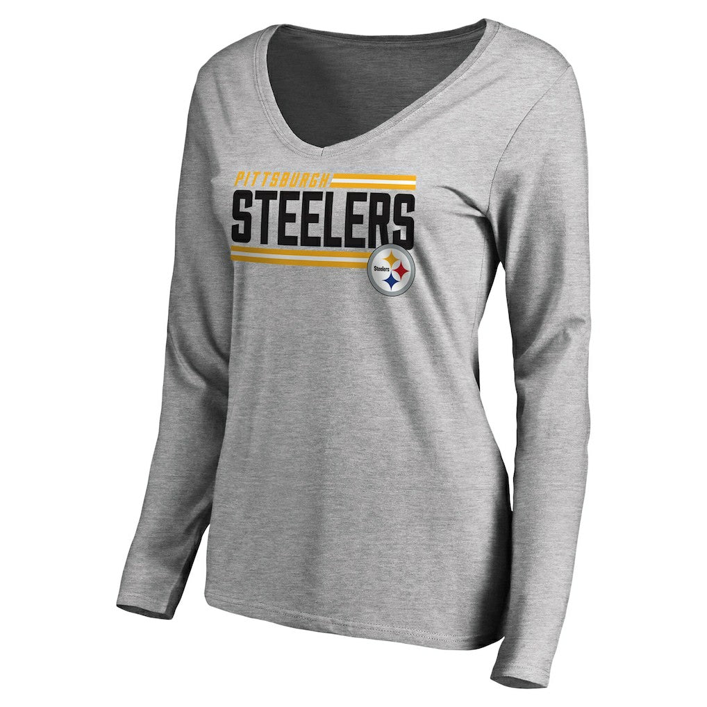 Pittsburgh Steelers Women's Iconic Collection On Side Stripe Long Sleeve V-Neck T-Shirt - Ash outlet