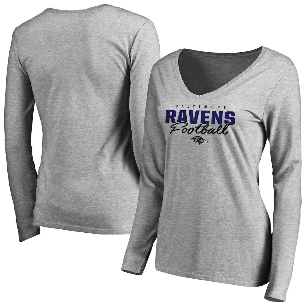 Baltimore Ravens Women's Iconic Collection Script Assist Long Sleeve V-Neck T-Shirt - Ash cheap