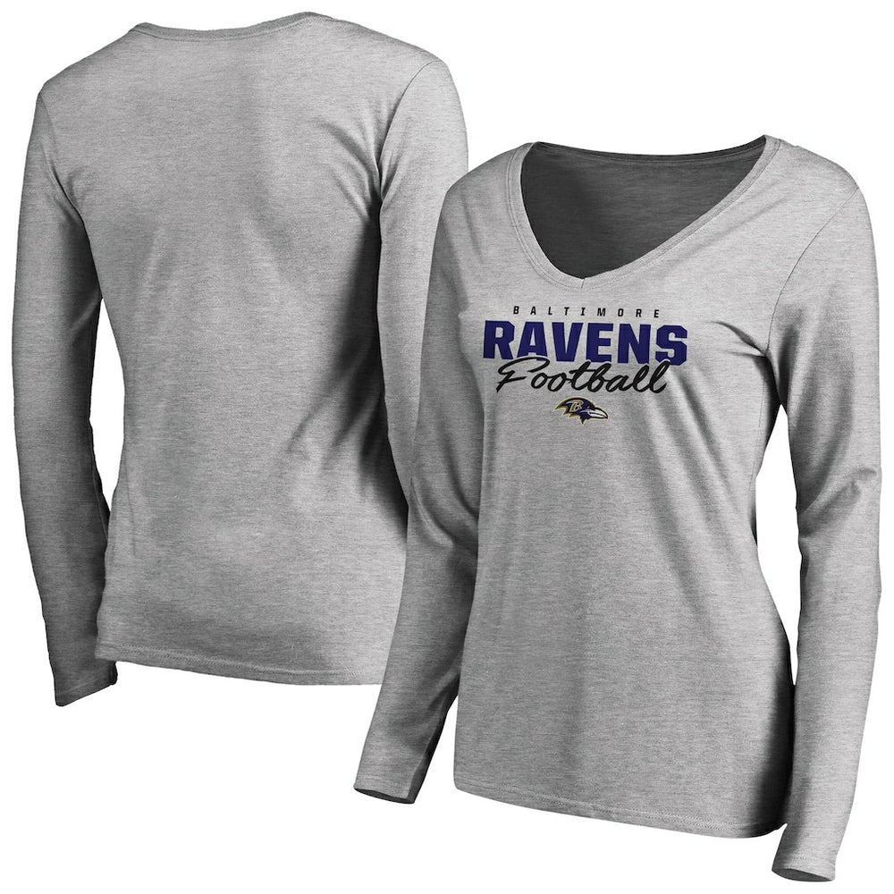 Baltimore Ravens Women's Iconic Collection Script Assist Long Sleeve V-Neck T-Shirt - Ash cheap
