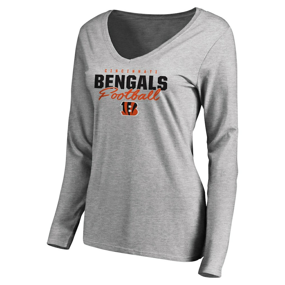 Cincinnati Bengals Women's Iconic Collection Script Assist Long Sleeve V-Neck T-Shirt - Ash on sale