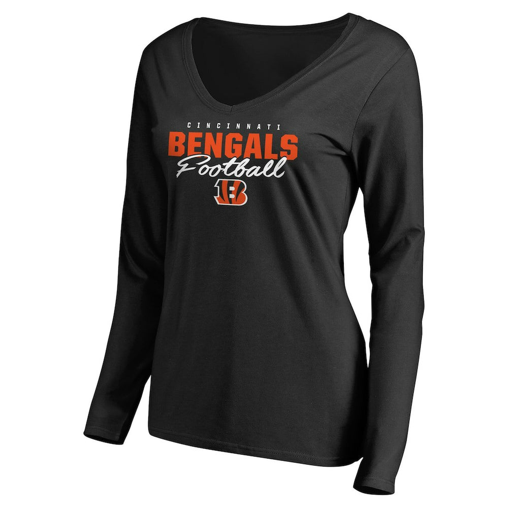 Cincinnati Bengals Women's Iconic Collection Script Assist Long Sleeve V-Neck T-Shirt - Black outlet