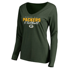 Green Bay Packers Women's Iconic Collection Script Assist Long Sleeve V-Neck T-Shirt - Green on sale