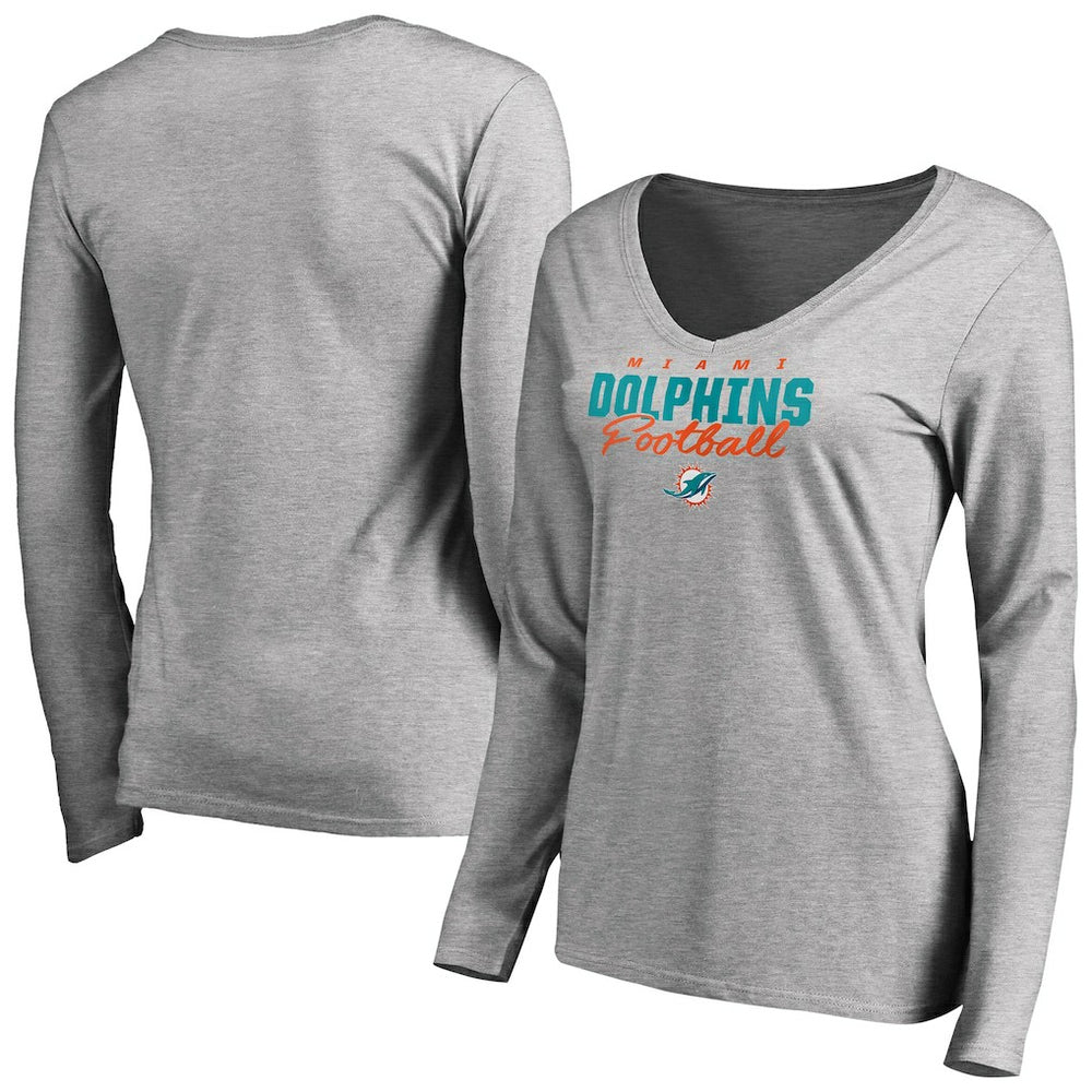Miami Dolphins Women's Iconic Collection Script Assist Long Sleeve V-Neck T-Shirt - Ash discount