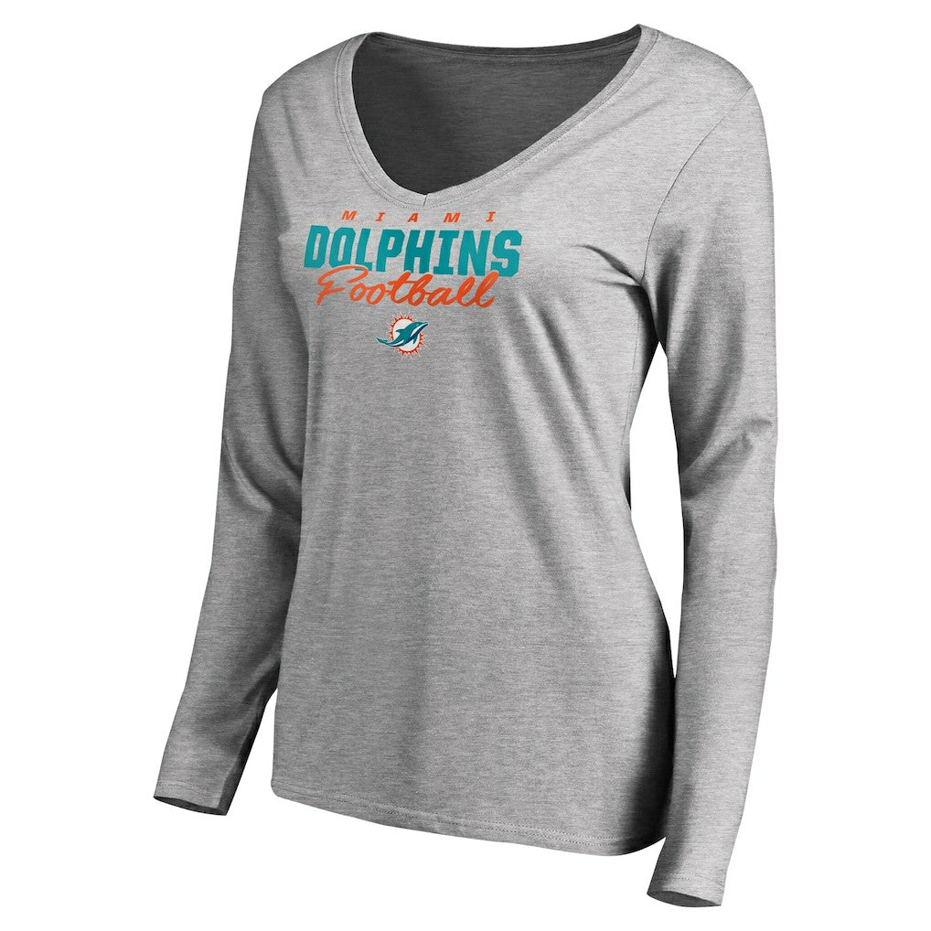 Miami Dolphins Women's Iconic Collection Script Assist Long Sleeve V-Neck T-Shirt - Ash discount