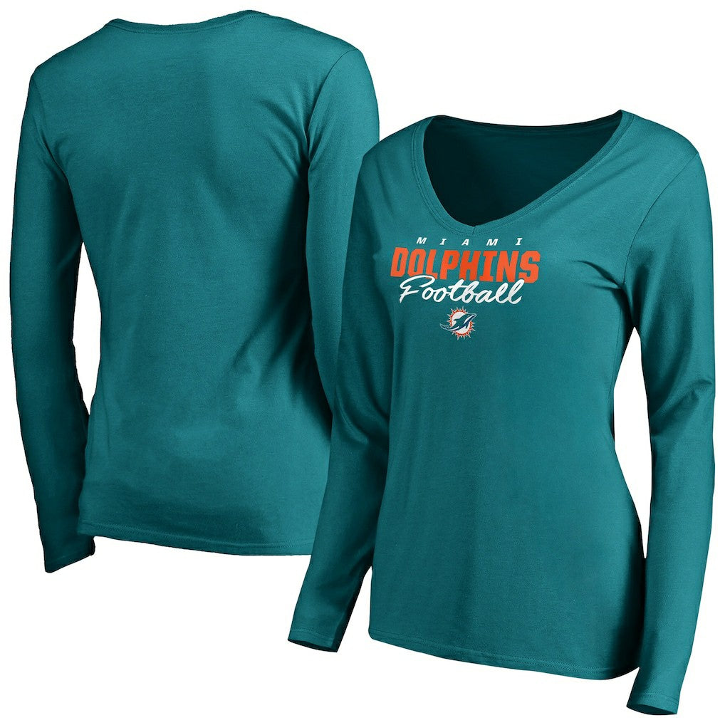 Miami Dolphins Women's Iconic Collection Script Assist Long Sleeve V-Neck T-Shirt - Aqua online