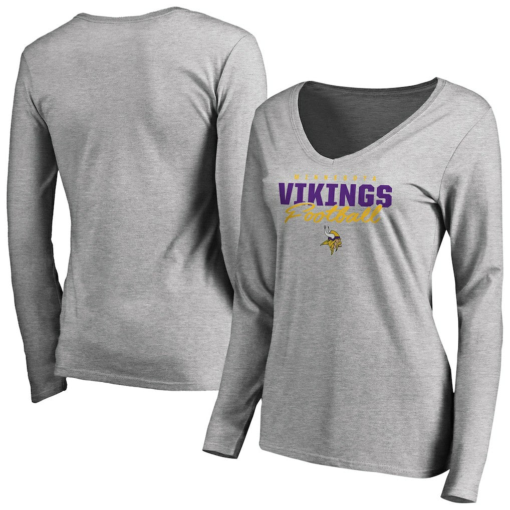Minnesota Vikings Women's Iconic Collection Script Assist Long Sleeve V-Neck T-Shirt - Ash cheap