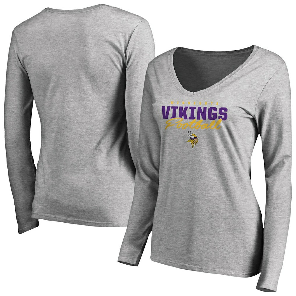 Minnesota Vikings Women's Iconic Collection Script Assist Long Sleeve V-Neck T-Shirt - Ash cheap