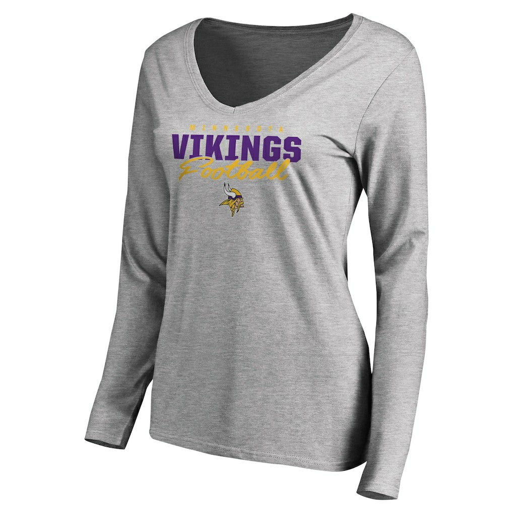 Minnesota Vikings Women's Iconic Collection Script Assist Long Sleeve V-Neck T-Shirt - Ash cheap