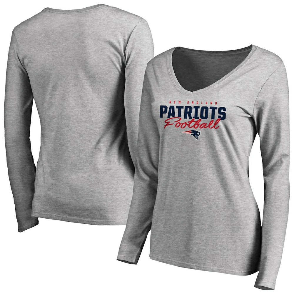 New England Patriots Women's Iconic Collection Script Assist Long Sleeve V-Neck T-Shirt - Ash discount