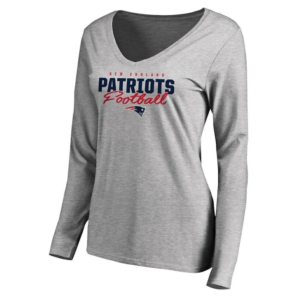 New England Patriots Women's Iconic Collection Script Assist Long Sleeve V-Neck T-Shirt - Ash discount