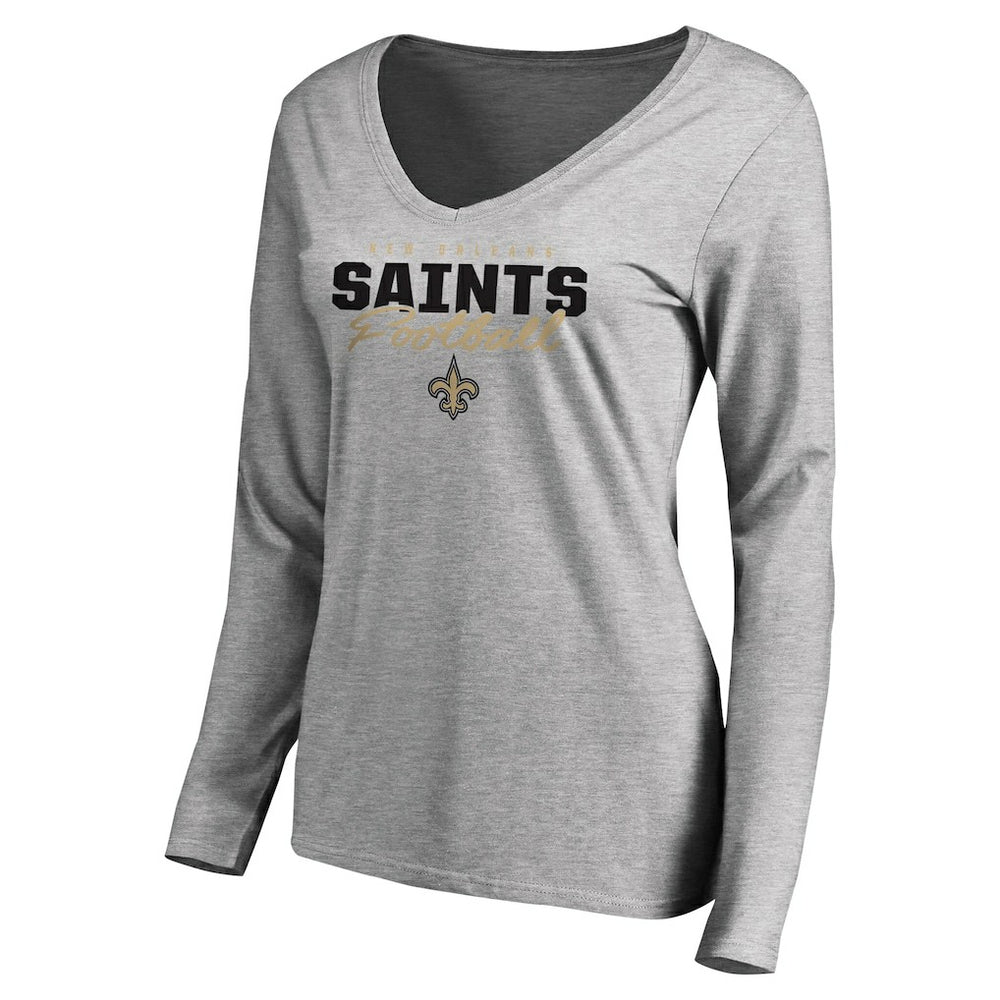New Orleans Saints Women's Iconic Collection Script Assist Long Sleeve V-Neck T-Shirt - Ash outlet