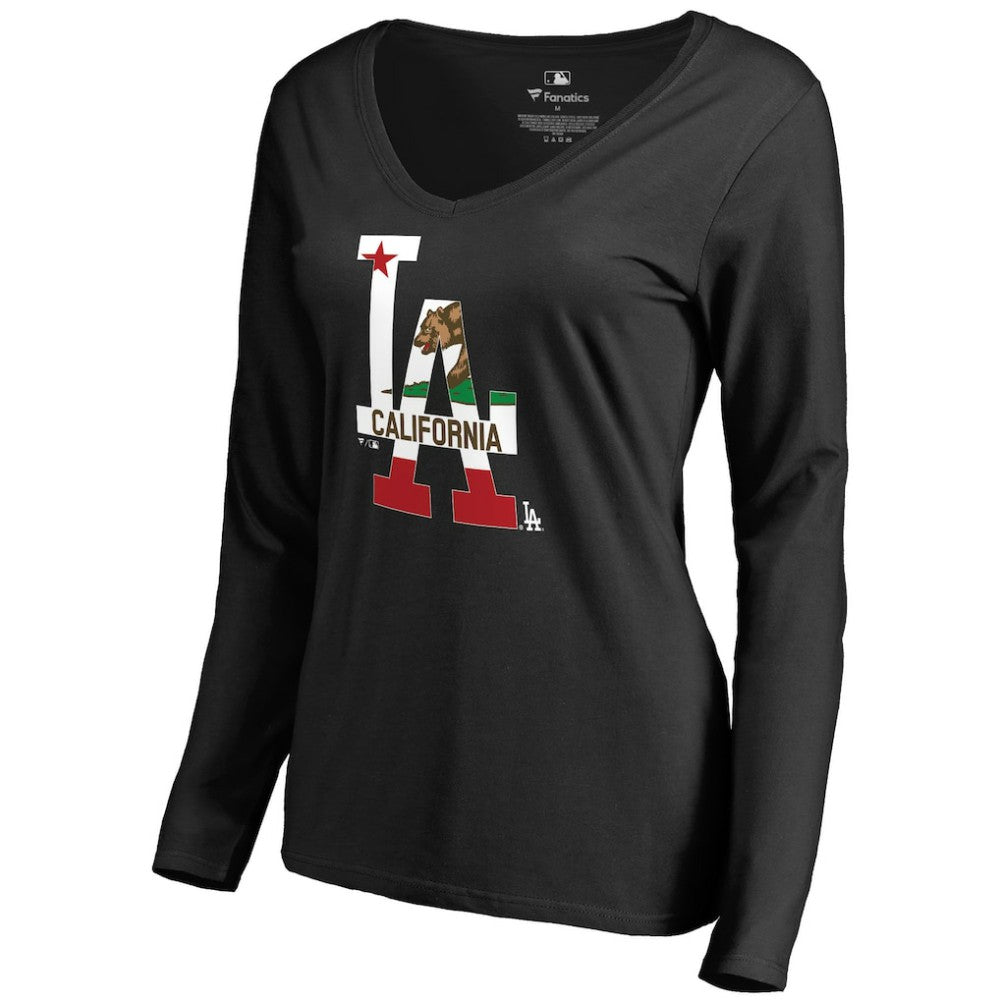 Los Angeles Dodgers Women's Hometown Collection Cali Flag Long Sleeve V-Neck T-Shirt - Black