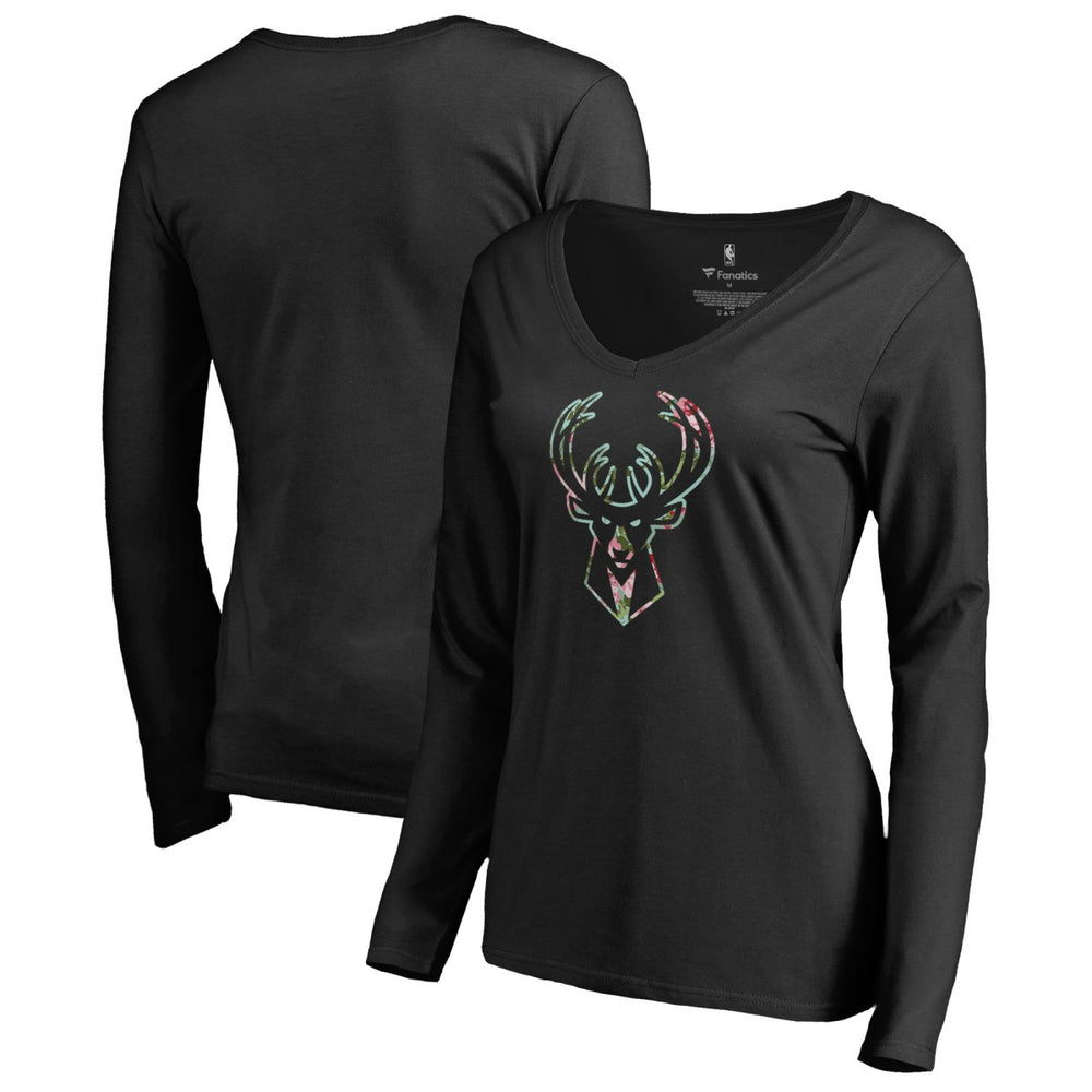 Milwaukee Bucks Women's Lovely V-Neck Long Sleeve T-Shirt - Black discount